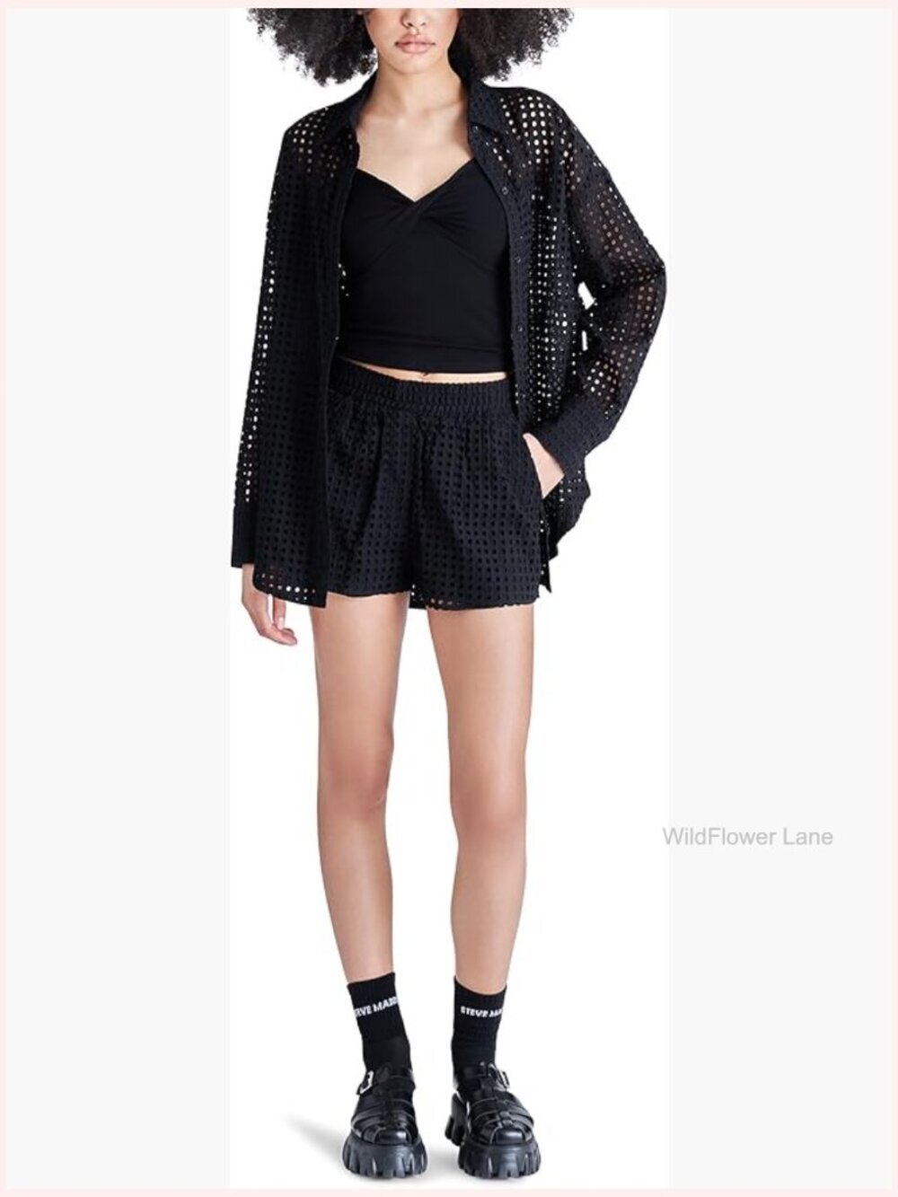 Poppy Blouse Eyelet Neck Long Sleeve High Low Hem Button Front